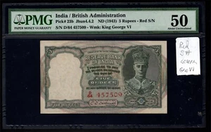 India - 5 Rupees note (1943) P23b (Scarce Red S#) - PMG 50 AU - Picture 1 of 2