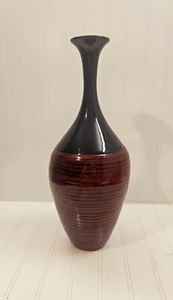 Asian Export Signed 16.5" Spun Lacqured Bamboo Ceramic Vase Red & Black - Picture 1 of 10