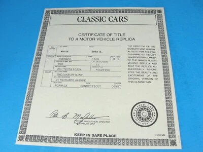 DANBURY MINT 1958 FERRARI 250 TESTA ROSSA ROADSTER Title Paper Work Only - Image 1 of 3