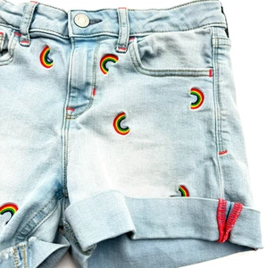 GAP Kids Girls Size 12 Denim Blue Jean Stretch Midi Shorts Embroidered Rainbows - Picture 1 of 11