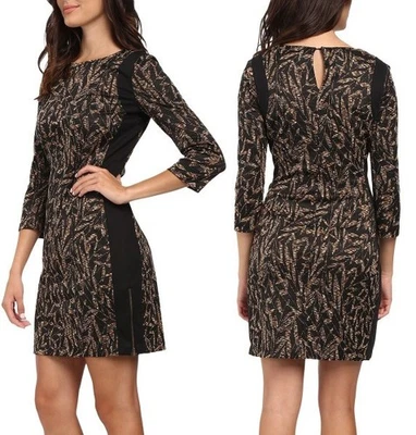 Vestido LONDON TIMES Marrón Negro Floral Manga Larga Elástico Talla 4 Usado en Excelente Condición Foto 1 de 4