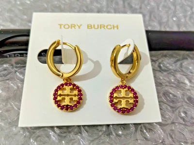 TORY BURCH PURPLE CRYSTAL HOLLOWWORK GOLD  LOGO Earrings - Image 1 of 3