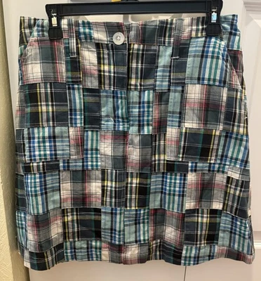 Skort Preppy Cape Madras multicolorido verde azul xadrez fecho de botão tamanho 4 - Imagem 1 de 4