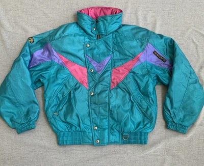 Descente Ski Jacket Mens M Teal Purple Pink Retro Colorblock 80s 90s Hidden Hood - Image 1 of 4