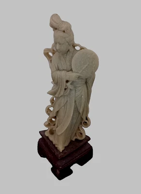 Chinese Immortals deity figure with fan hand carved soapstone on plinth 21cm - Image 1 of 4