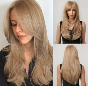 Long Strawberry Blonde Auburn Red Full Wig Human Hair blend layers bangs - Picture 1 of 4