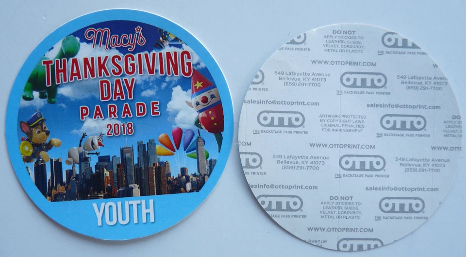 Macy's 2018 Thanksgiving Day Parade Small Youth Stick On Backstage Pass - Image 1 of 1