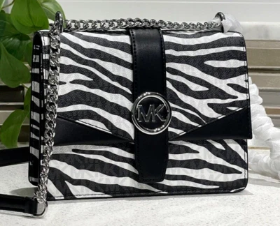 MICHAEL KORS GREENWICH SMALL FLAP CROSSBODY MK CHAIN BAG TOTE BLACK WHITE ANIMAL - Image 1 of 4