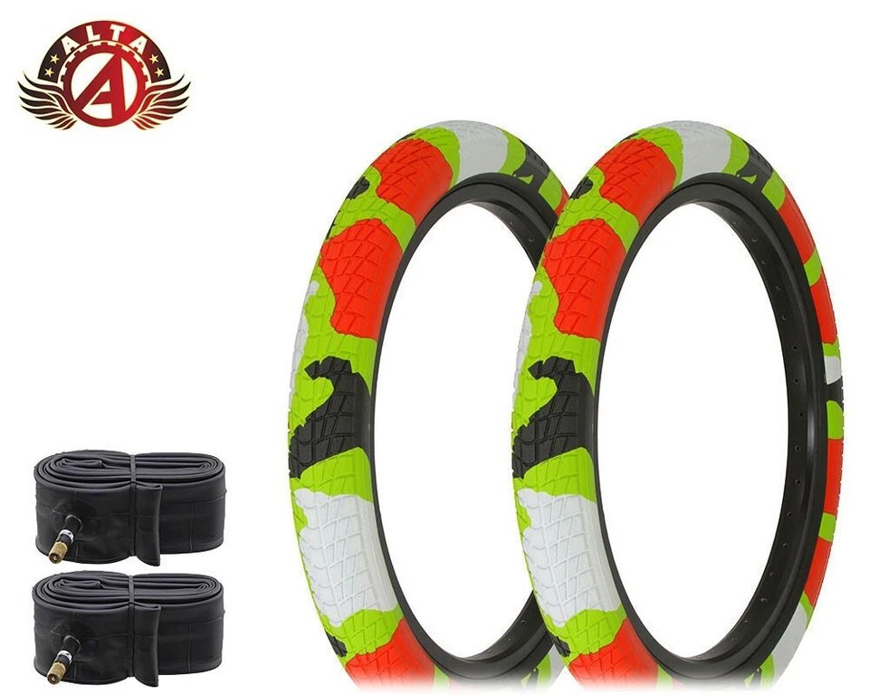 2 ALTA 20" X 2.35" SEMISLICK STREET PARK TIRES BMX BIKE CAMO GREEN/WHITE W/TUBES - Image 1 of 1