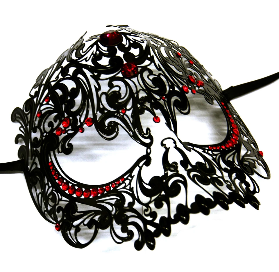 Black Venetian Filigree Skull Masquerade Mask Halloween Masked Ball w/Red Stones - Image 1 of 1