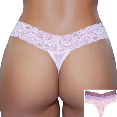Mesh Lace Thong Lined Crotch Sheer Floral 3 Pack Pink Purple Rosewood 2201 - Image 1 of 4
