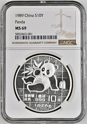 China Panda 1989 10 yuanes 1 oz plata NGC MS69 Foto 1 de 3