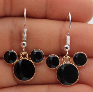 Black & Gold Mickey Mouse Earrings 925 silver plated Hooks + GOLD hoops women - Picture 1 of 3