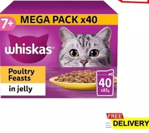 WHISKAS 7+ POULTRY SELECTION IN JELLY 40 X 85 G POUCHES, SENIOR CAT FOOD... - Picture 1 of 5