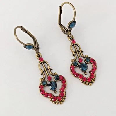 Pendientes Michal Negrin Cristales Rosa/Rojo y Azul Victoriano Renacimiento Cuelgan Foto 1 de 4