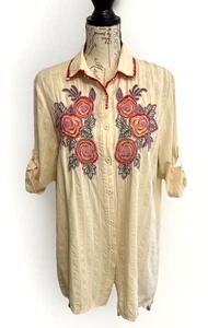 Velzera Women's Size Large Beaded Embroidered Floral Tunic Shirt Tassels Cotton - Picture 1 of 9