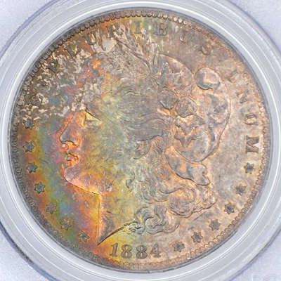 Dólar de plata Morgan 1884-O $1 graduación profesional MS63 - precioso tono arco iris Foto 1 de 4