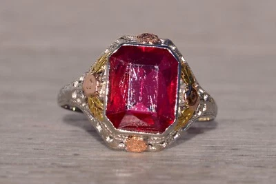 Art Deco Era Lab-Created Ruby Ring in Tri Color Filigree Mounting - Image 1 of 4