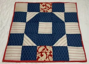 Antique Vintage Patchwork Quilt Table Topper, Nine Patch, Early Calicos, Blue - Picture 1 of 15