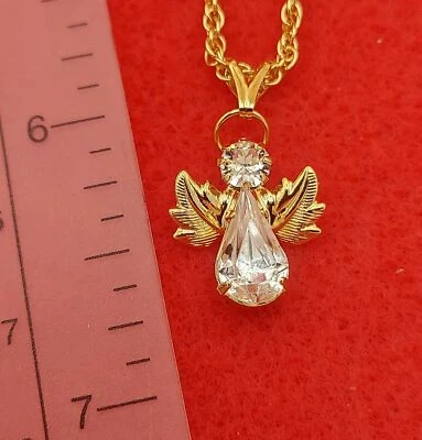 14KT Oro EP Piedra de Nacimiento Abril Cristal Transparente Angel Colgante Con / - Imagen 1 de 4