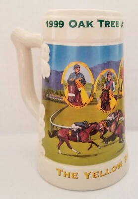 Roble Santa Anita BeerStein 1999 cinta amarilla estacas cerámica 6,75" de alto 30 oz. Foto 1 de 4