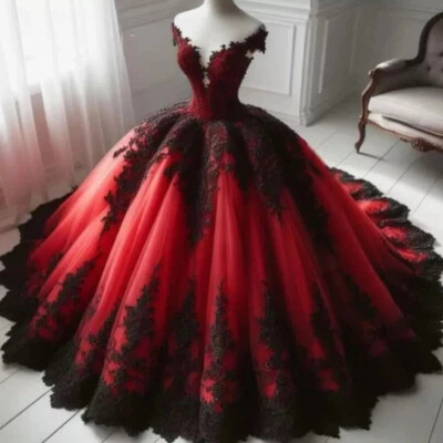 Black Red Gothic Wedding Dresses Court Train Retro Bridal Gown Lace Appliques  - Image 1 of 4