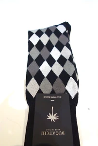 Bugatchi Mid Calf Cotton Cashmere Blend socks Black Gray White Argyle Diamond - Picture 1 of 2