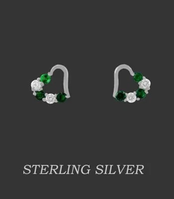 LAB CREATED EMERALD & WHITE SAPPHIRES STUD EARRINGS .925 SILVER - Screw Backs - Image 1 of 4