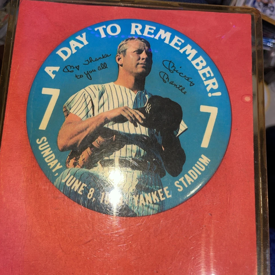 1969 Mickey Mantle Day to Remember Retirement Ceremony Button Pin Yankees 4" - Image 1 of 1