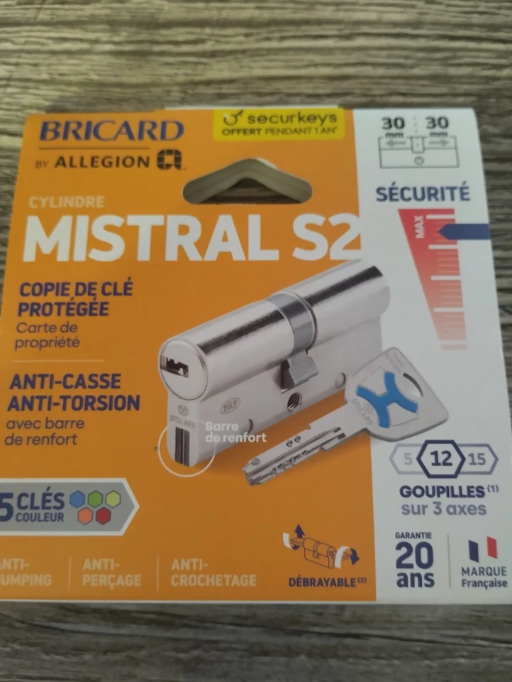 Cylindre BRICARD Mistral S2 débrayable L.30 + 30mm 5 clés Original. - Photo 1/2