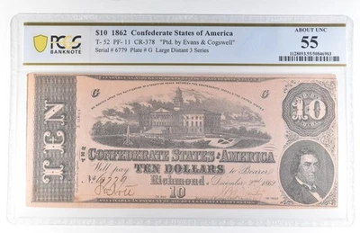1862 $10 Confederate States Of America T-52 PF-11 CR-378 AU55 PCGS *8118 - Image 1 of 3