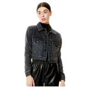 Alice + Olivia Classic Denim Crunched Crop Jacket Tinsley Ruched Sleeve XS - Picture 1 of 10