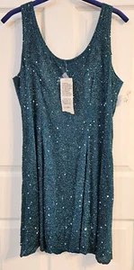 Women's 100% Silk Green Turquoise Sequin Sleeveless Mini Dress Size XL - Picture 1 of 6