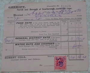Parish and Borough of Scarborough Rates/Water Charges Receipt 1910 - Picture 1 of 1