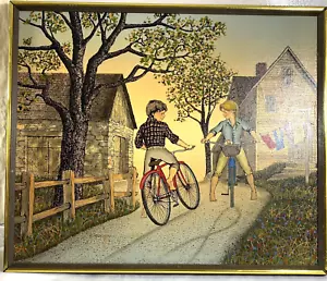 H. Hargrove Signed Painting Serigraph "Puppy Love Boy Girl Bicycle" Framed Oil  - Picture 1 of 9