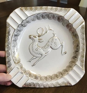 VTG 50s ASHTRAY CHRISTMAS MCM Royal Carlton Coffee Table REINDEER Metallic 9x9" - Picture 1 of 9