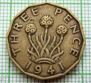 GREAT BRITAIN GEORGE VI 1941 THREEPENCE 3 PENCE, BRASS WWII COINAGE - Picture 1 of 4