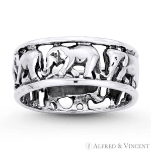 Elephant Herd Animal Totem Charm Eternity Band Oxidized 925 Sterling Silver Ring - Picture 1 of 1