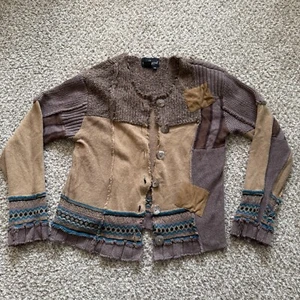 Carole Little Patchwork Cardigan Sweater Women’s Medium Tan Neutrals Boho Hippie - Picture 1 of 9