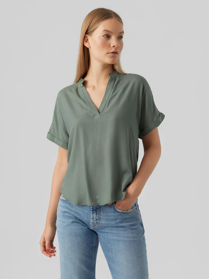 Top Casual Splitneck VERO MODA Mujer Blusa Manga Corta Bajos de Manga Dobladillo - Imagen 1 de 1