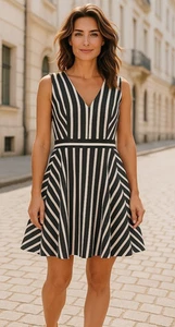 J. CREW Dress Size 12 Women's Black White V-Neck Zip Back Career Office Striped - Picture 1 of 11