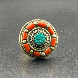 Vintage Tibetan handmade turquoise coral beautiful brass ring - Picture 1 of 8