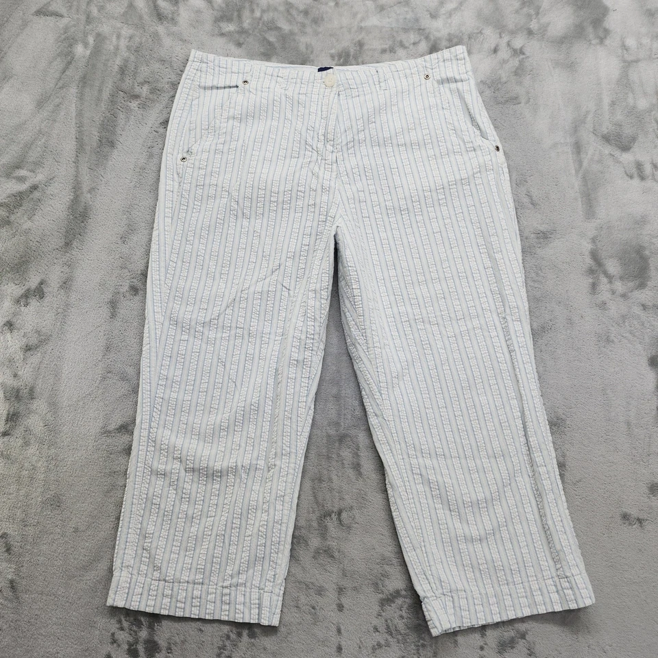Calça Capri Vintage Anos 90 Edição Básica Feminina 14 Azul Branco Listrado Algodão Crop - Imagem 1 de 4