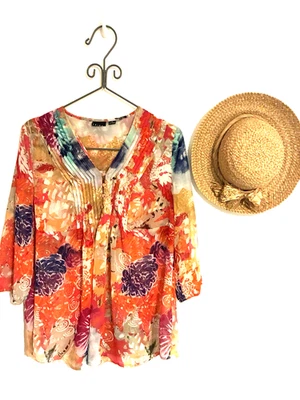 Blusa Top Tribal Floral Multicolor Transparente Túnica Tirador Botón Boho Talla 12 Usada en Excelente Condición Foto 1 de 4