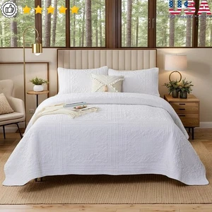 Queen Size Cotton Quilt Set Lightweight 3PCs Coverlet Pillow Shams All Season US - Picture 1 of 10