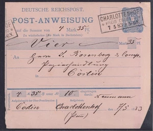 76095) CHARLOTTENHOF KREIS COLBERG Pommern 1883 Postanweisung nach Cöslin - Bild 1 von 2