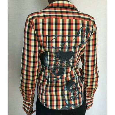 Blusa Nuvula Boho Manga Longa Feminina Tamanho P Xadrez Planetas Laranja/Marrom/ta - Imagem 1 de 4