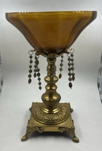 Antique Amber Glass Compote Fruit Bowl w/ Prisms Brass Pedestal - Picture 1 of 8
