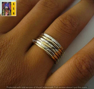 Stack Ring Set of 6 Smooth Brass Band Hammered Silver Gold Band Midi Ring - Picture 1 of 5