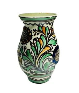 Hungarian Folk Art~Blue&Brn Flowers~RedClayPot~ MJKorond Romania Signed, Vintage - Picture 1 of 10
